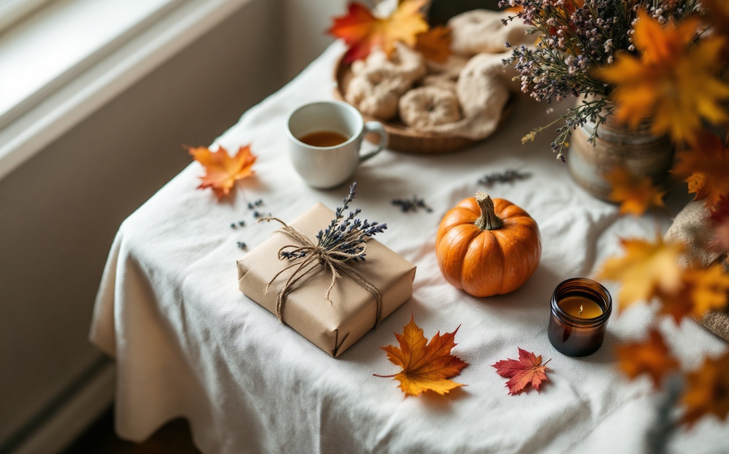 A warmly styled flat-lay of artisan goods: ceramic mugs, honey jars, linen napkins, and dried flowers arranged on a cream surface