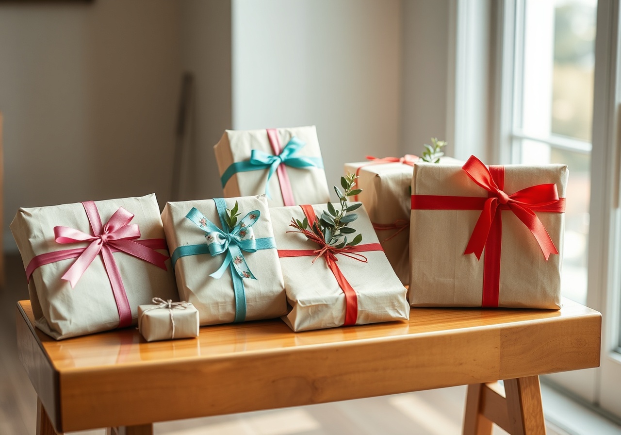 A beautifully arranged selection of gift guide cards, artisan food jars, and small home goods on a rustic wooden table