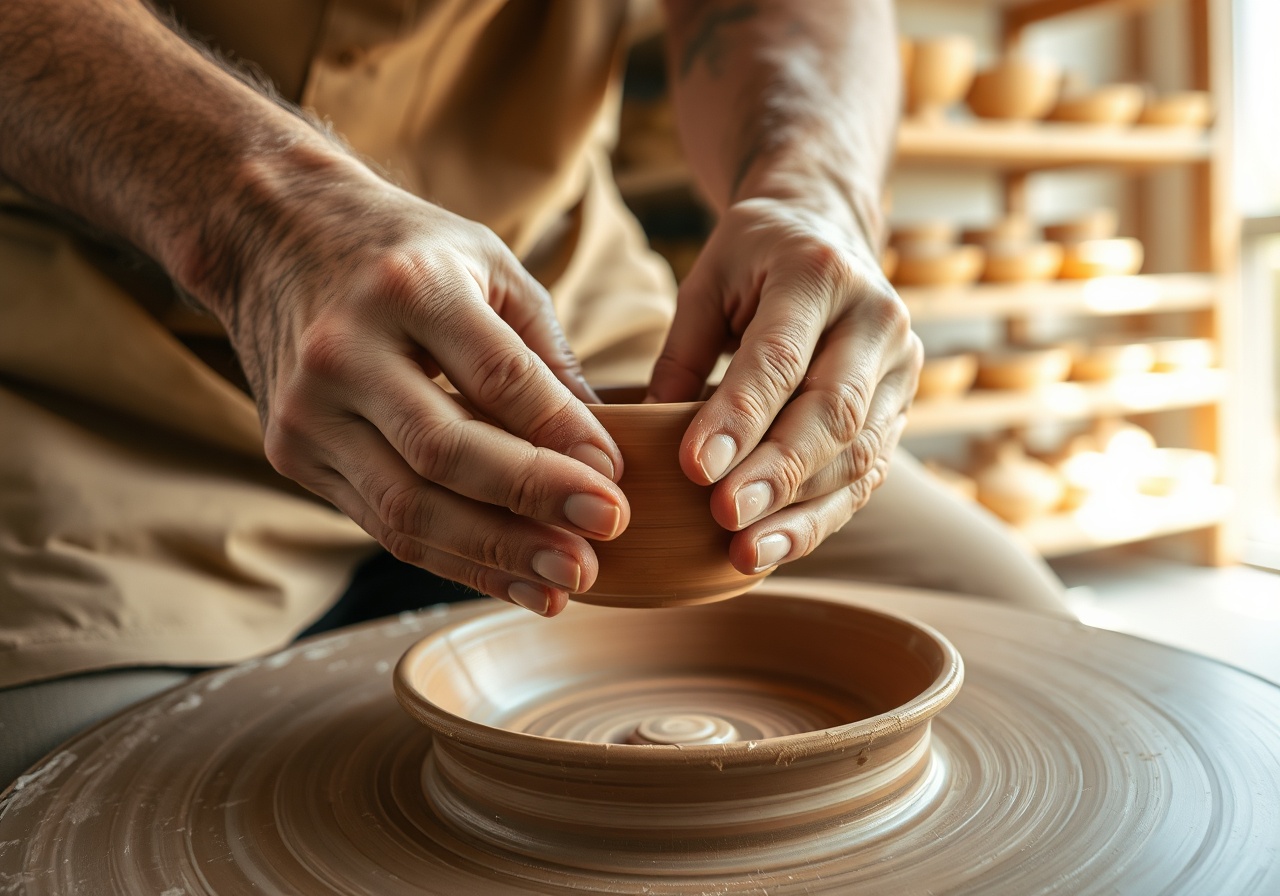 Elara Vance's pottery studio filled with green plants and clay tools