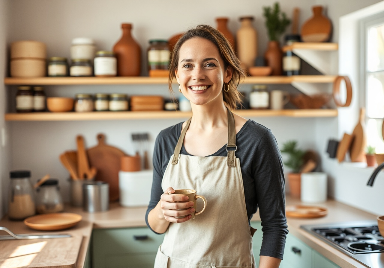 Founder Sarah Jenkins standing in a sunlit studio surrounded by ceramic mugs and dried flowers