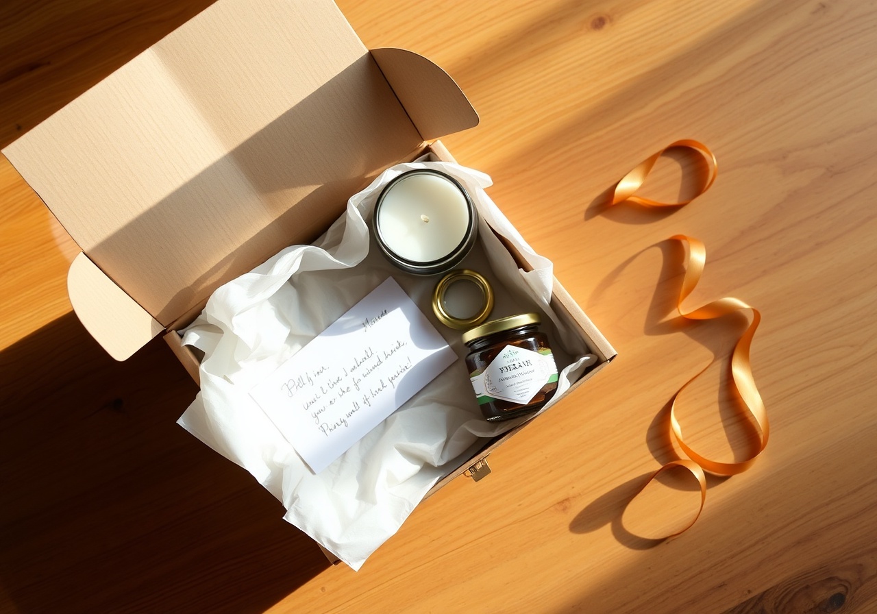 A cozy table setting featuring a membership card, a jar of artisan honey, and a ceramic mug