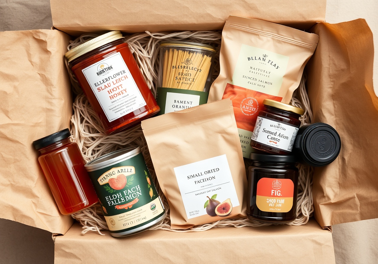 The Local Pantry Box open on a rustic wooden table filled with colorful glass jars, a wheel of artisan cheese, and fresh seasonal vegetables