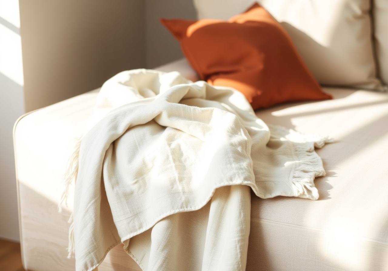 Stonewash Linen Throw Blanket in Stone color, laid flat on a textured surface