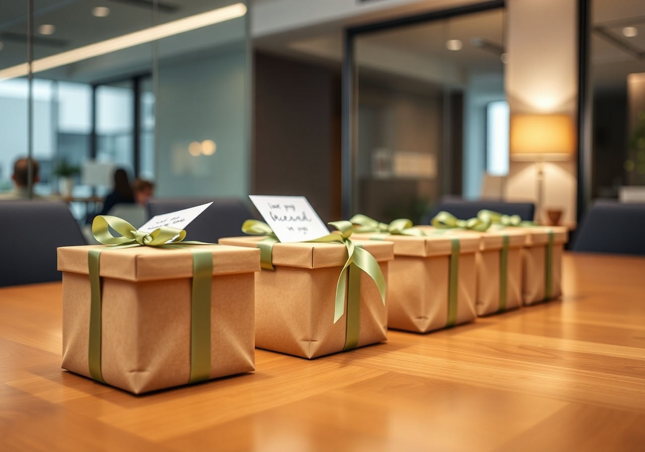 A professional flat-lay of a curated corporate gift box containing artisanal snacks, a ceramic mug, and a handwritten card, placed on a wooden desk