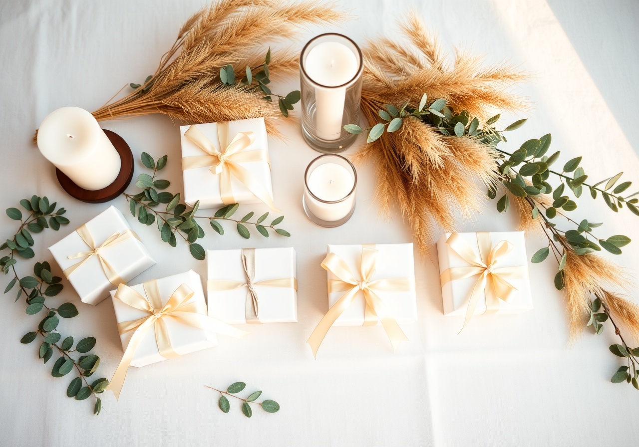 A rustic wooden table setting with terracotta pots, dried lavender, and handwritten calligraphy cards