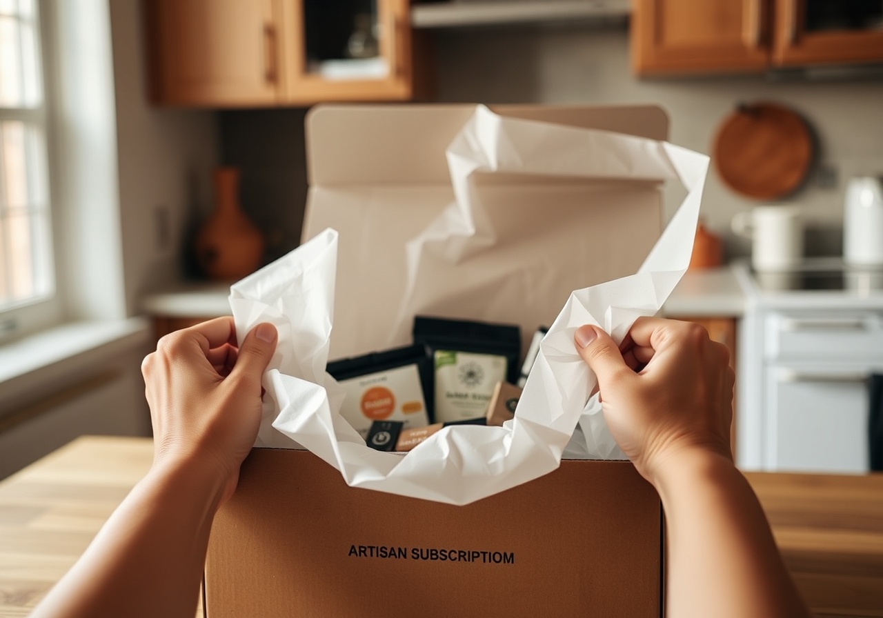A close-up of a Vexon subscription box being opened on a table with golden light, revealing artisan goods inside