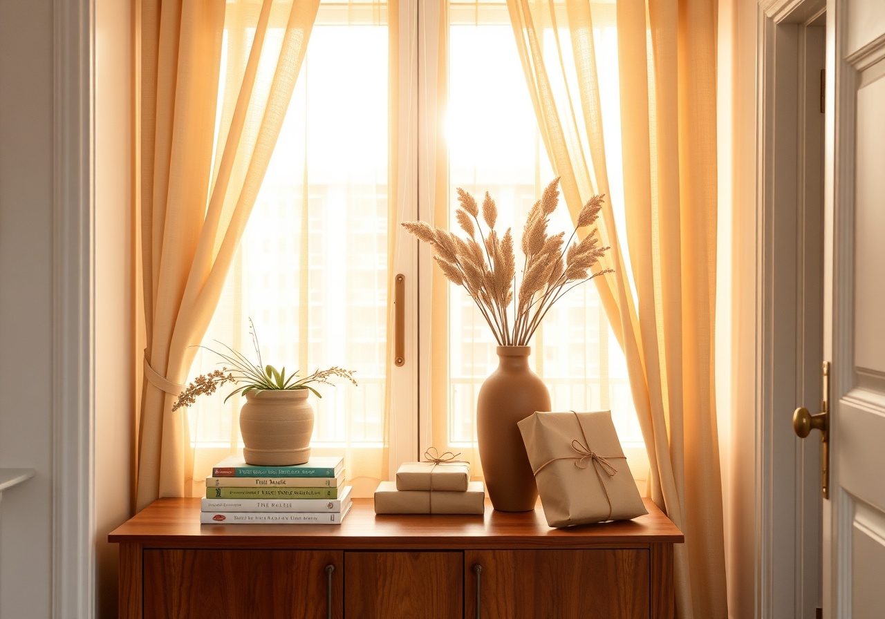 A beautifully decorated entryway with a welcome mat, potted plants, and a stack of elegant gift boxes on a wooden table