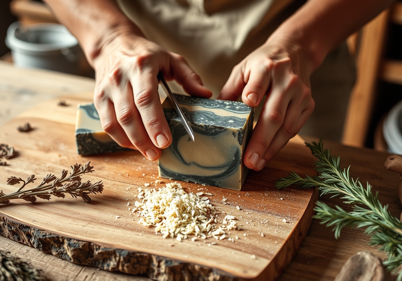A close-up shot of melted soap ingredients bubbling in a pot with dried botanicals floating on top