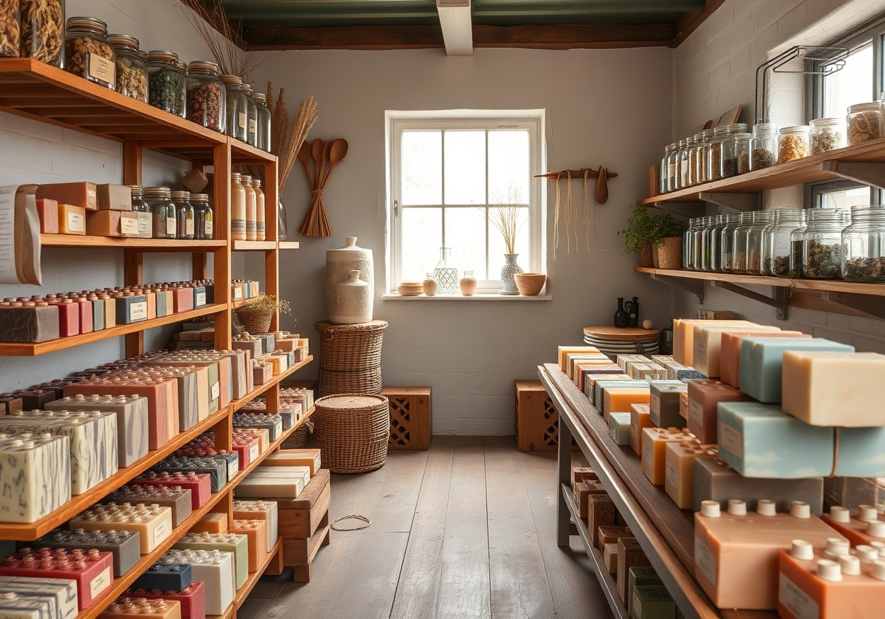 Founder Elena holding a wooden spoon in a sunlit workshop filled with wooden crates and bars of soap