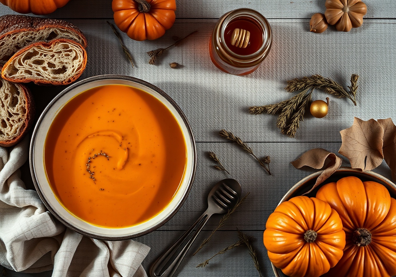 A rustic wooden table set with mugs of spiced apple cider, a pot of simmering soup, and bowls of granola arranged in a cozy autumn setting