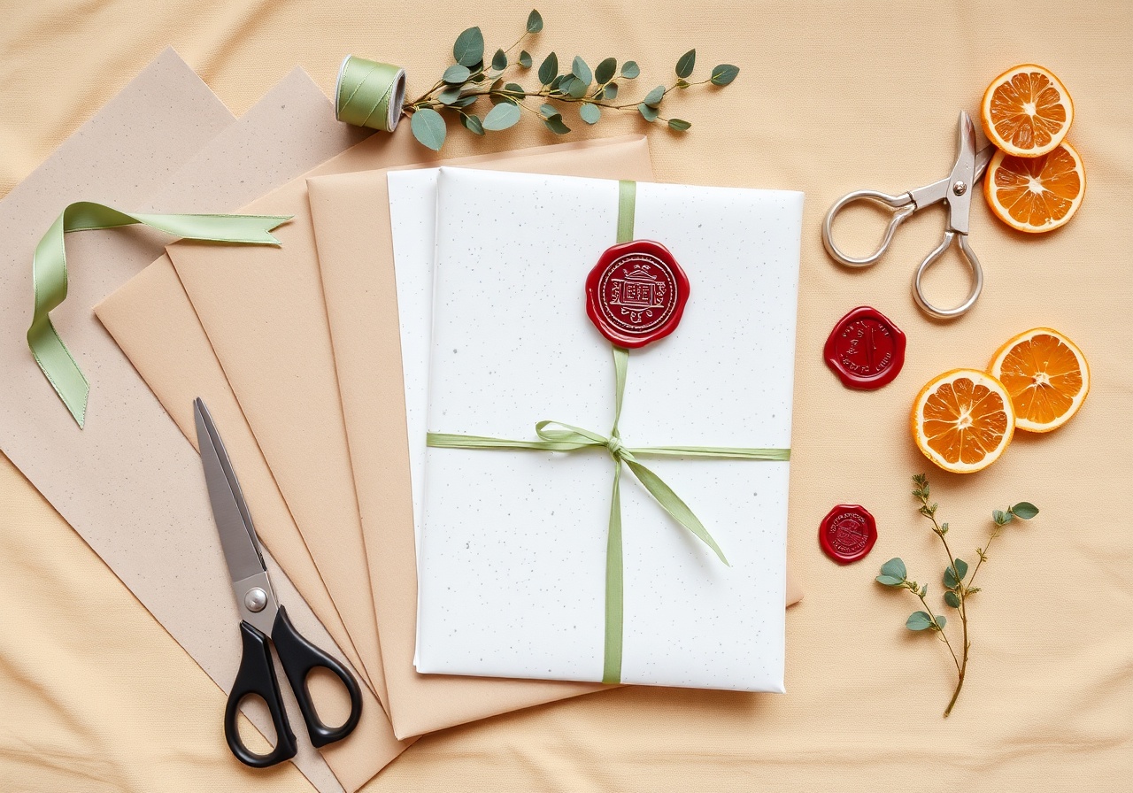 A close-up photo of beautifully wrapped gifts in terracotta and sage tones with natural twine