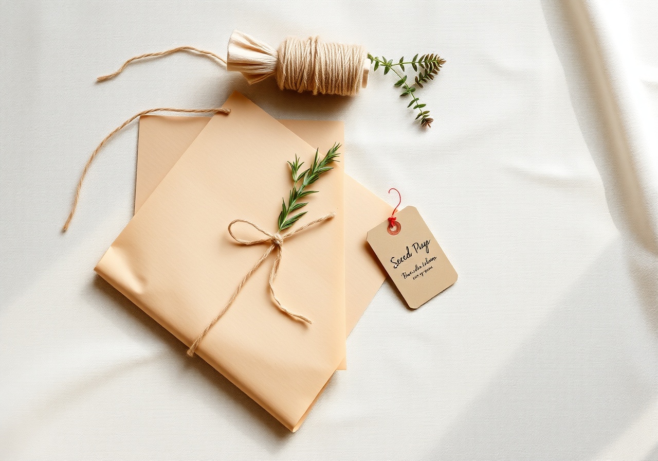 A rustic flat-lay featuring kraft paper, natural jute twine, dried lavender bundles, and a ceramic terrarium arranged on a wooden table