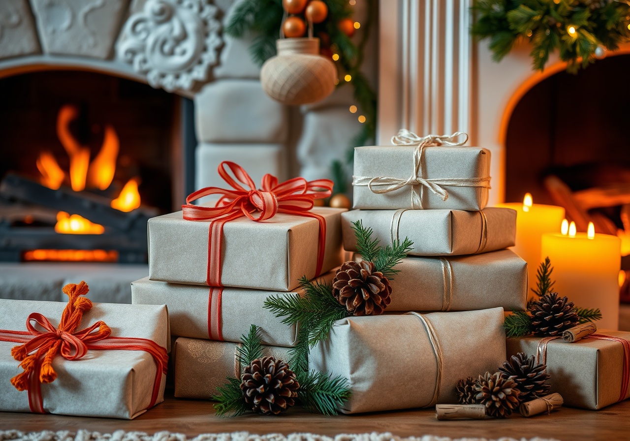 A cozy living room scene featuring wrapped gifts stacked neatly near a fireplace, with warm ambient lighting and a few pine branches on the mantle