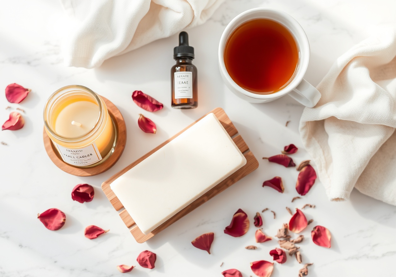A serene, spa-like bathroom scene featuring a soaking tub filled with bubbles, a flickering candle on a wooden shelf, and a steaming cup of herbal tea on a matte white tray